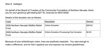 Thank-you letter from the Community Foundation of Northern Nevada for a $27.76 gift to the 2026 Northern Nevada Wildfire Relief Fund