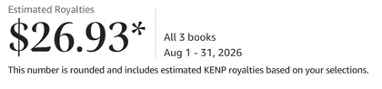 Estimated royalties for August 2026 across all three books ($26.93)