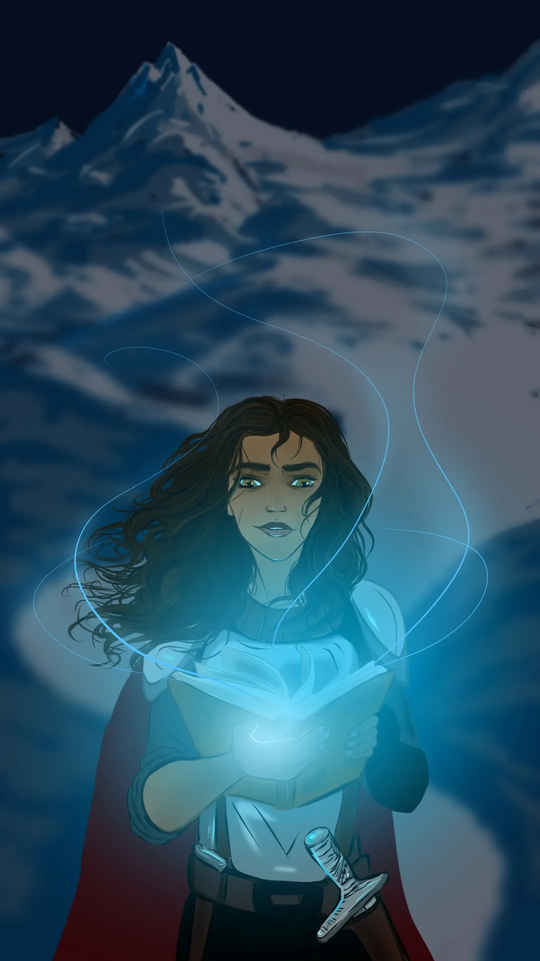 Erica's illustration of Alex holding an open book that glows ice-blue, snowy mountains behind her