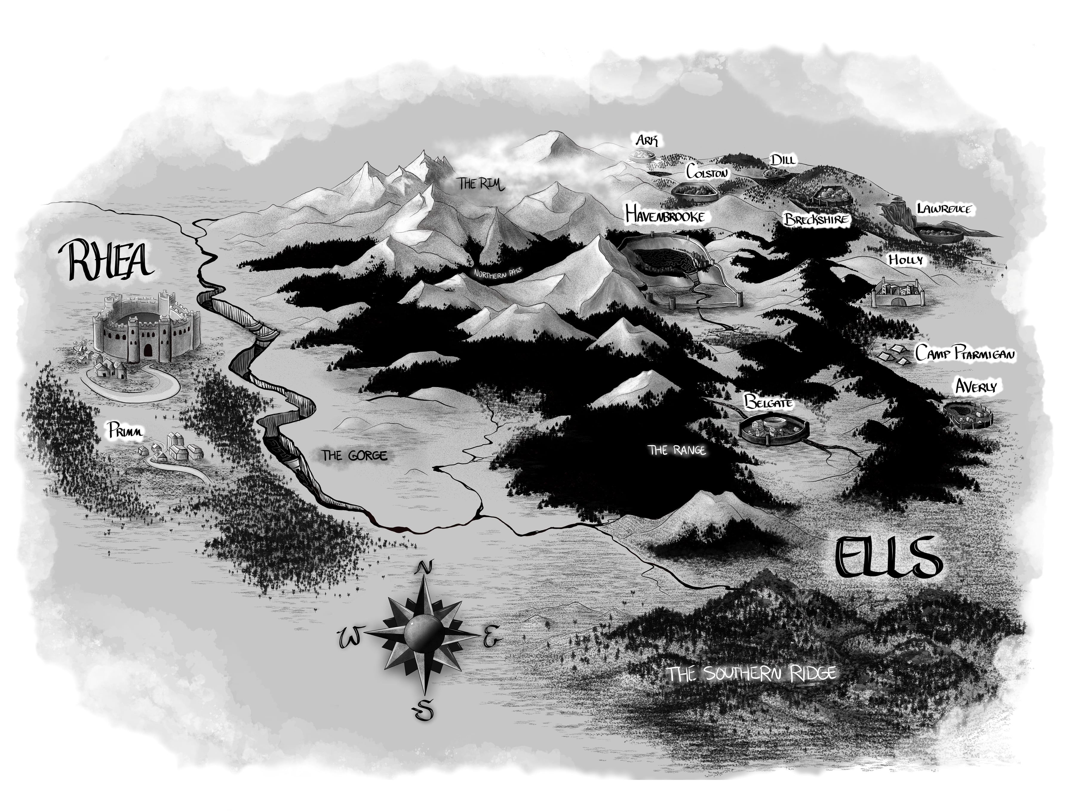 Map of the Ephemeral world: Rhea in the west across the Gorge; Ells in the east with Belgate, Havenbrooke, Breckshire, Camp Ptarmigan, the Range, the Rim and the Southern Ridge.