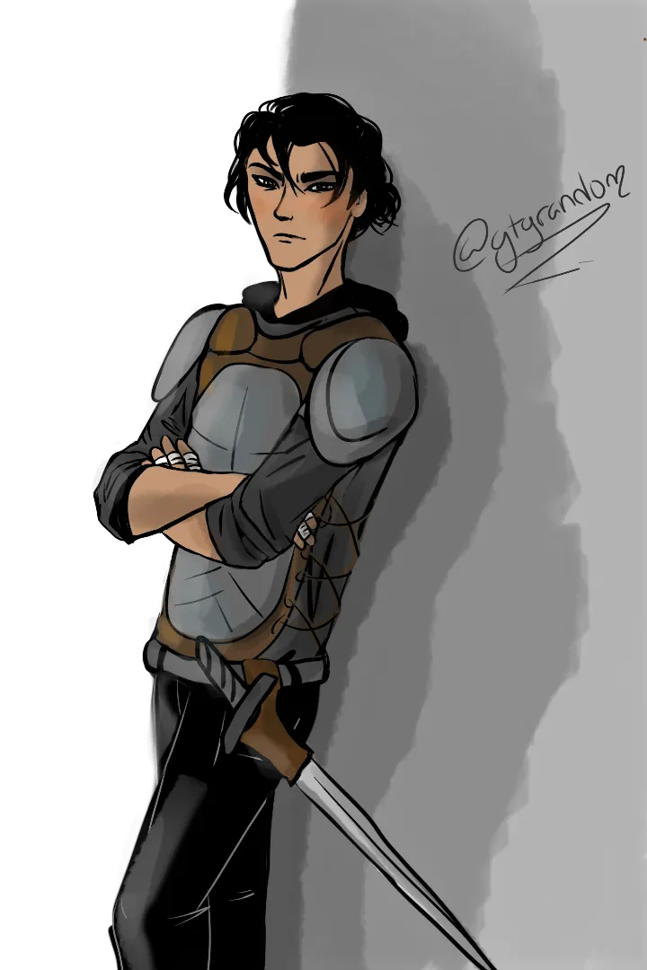 Erica's drawing of Will leaning against a wall, arms crossed, sword at his hip.