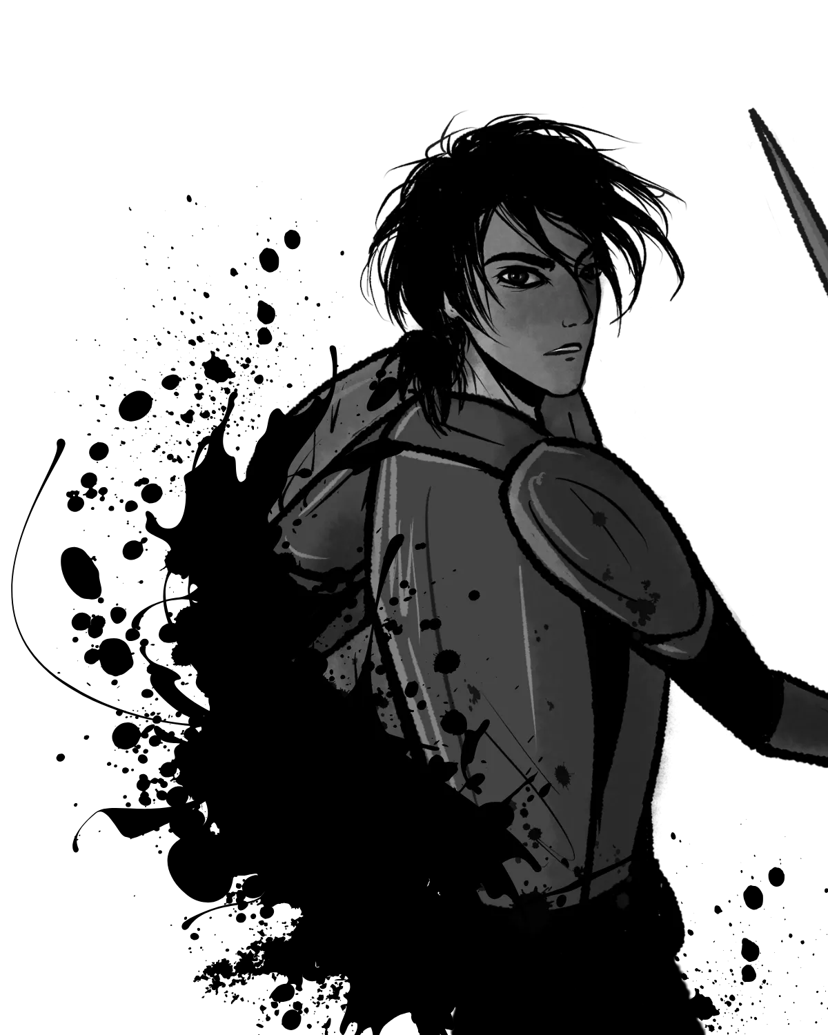 Erica's drawing of Will in battered armor, sword raised, emerging from a splash of black ink